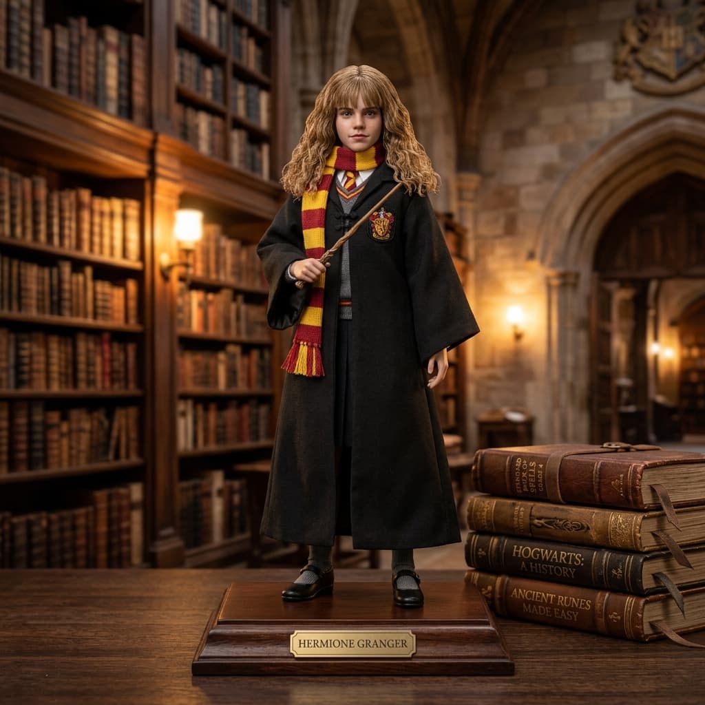 Action Figure Hermione Granger com varinha mágica e livros de Hogwarts