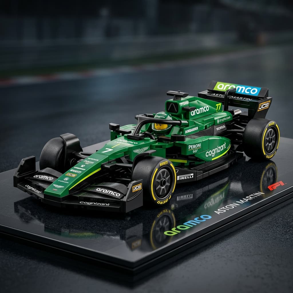 Carro de corrida LEGO Aston Martin F1 montado no pódio