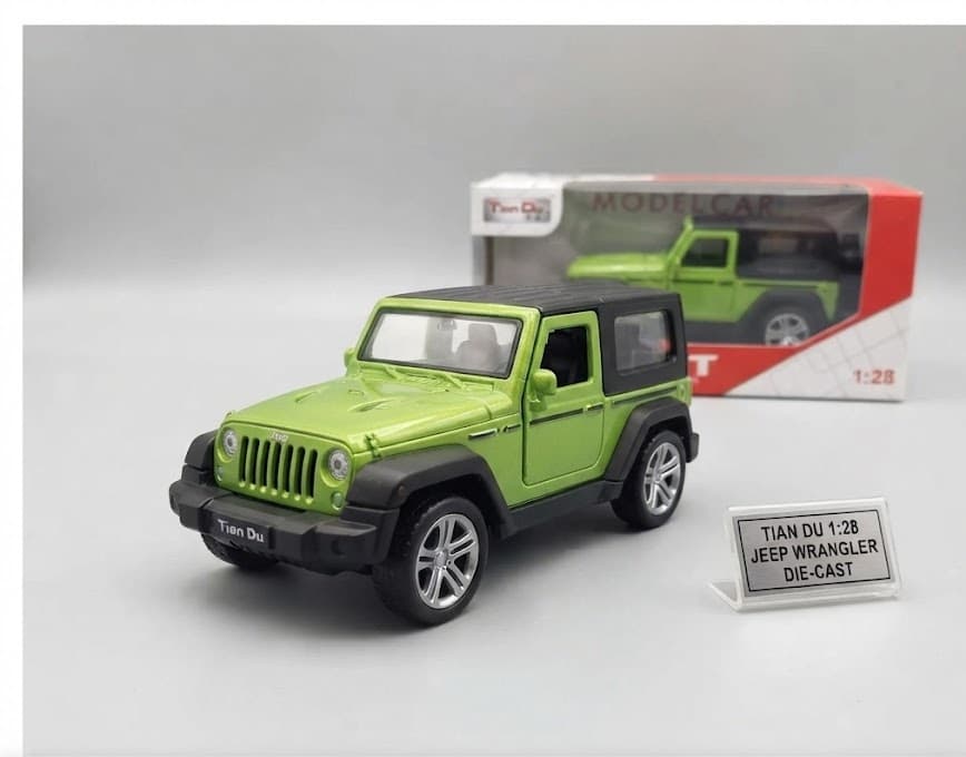 Miniatura Jeep Wrangler Tian Du com caixa e plaquinha expositora