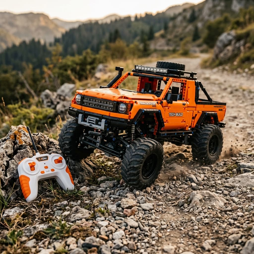 Picape Off-Road RC superando trilha de terra com controle remoto