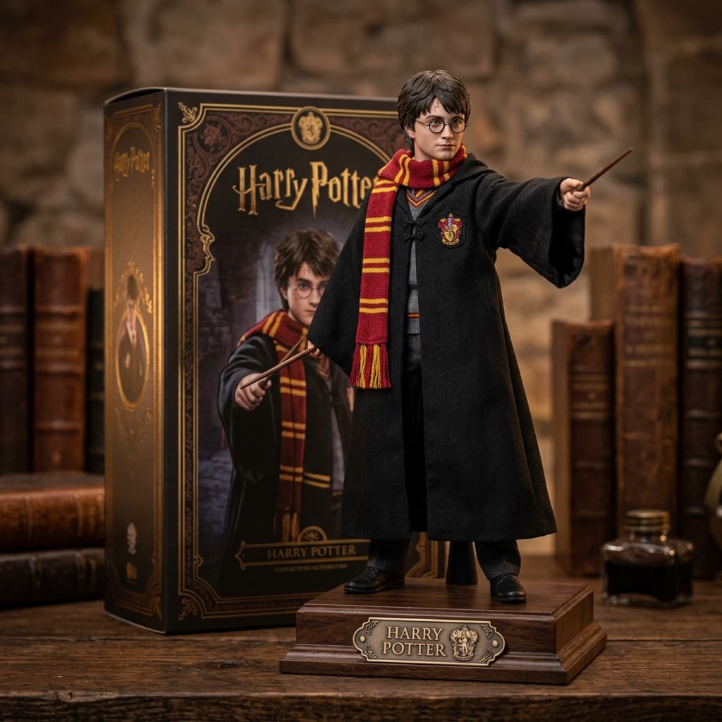 Action Figure Harry Potter com varinha mágica e vestes de Grifinória