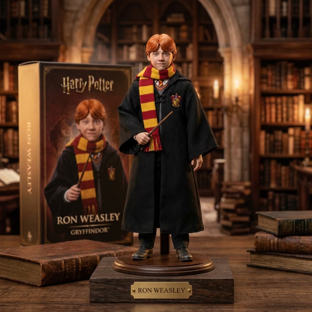Action Figure Ron Weasley com varinha mágica e vestes de Grifinória