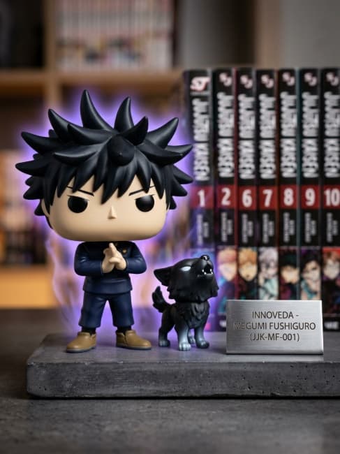 Funko Pop Megumi Fushiguro com Mangás Jujutsu Kaisen de Fundo