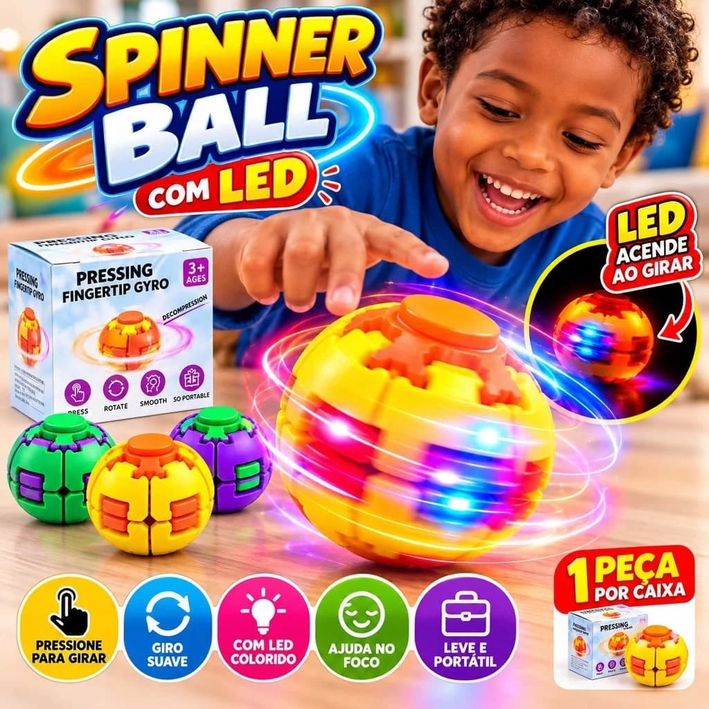 Spinner Ball Com LED — Pião de Dedo Sensorial Gira ao Pressionar com Luz Colorida