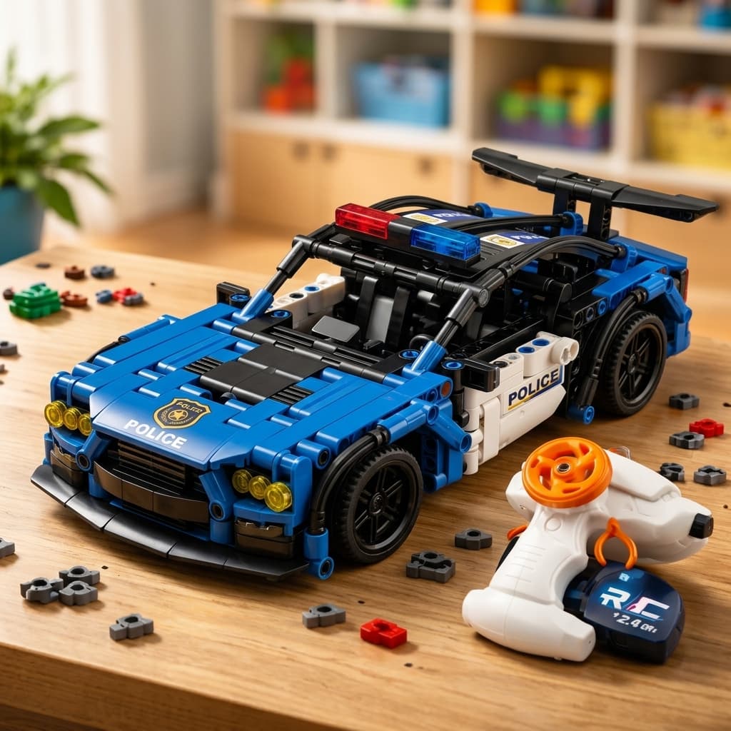 Carro de Polícia de Controle Remoto RC Blocos de Montar — 1:16 com Luzes 2.4GHz