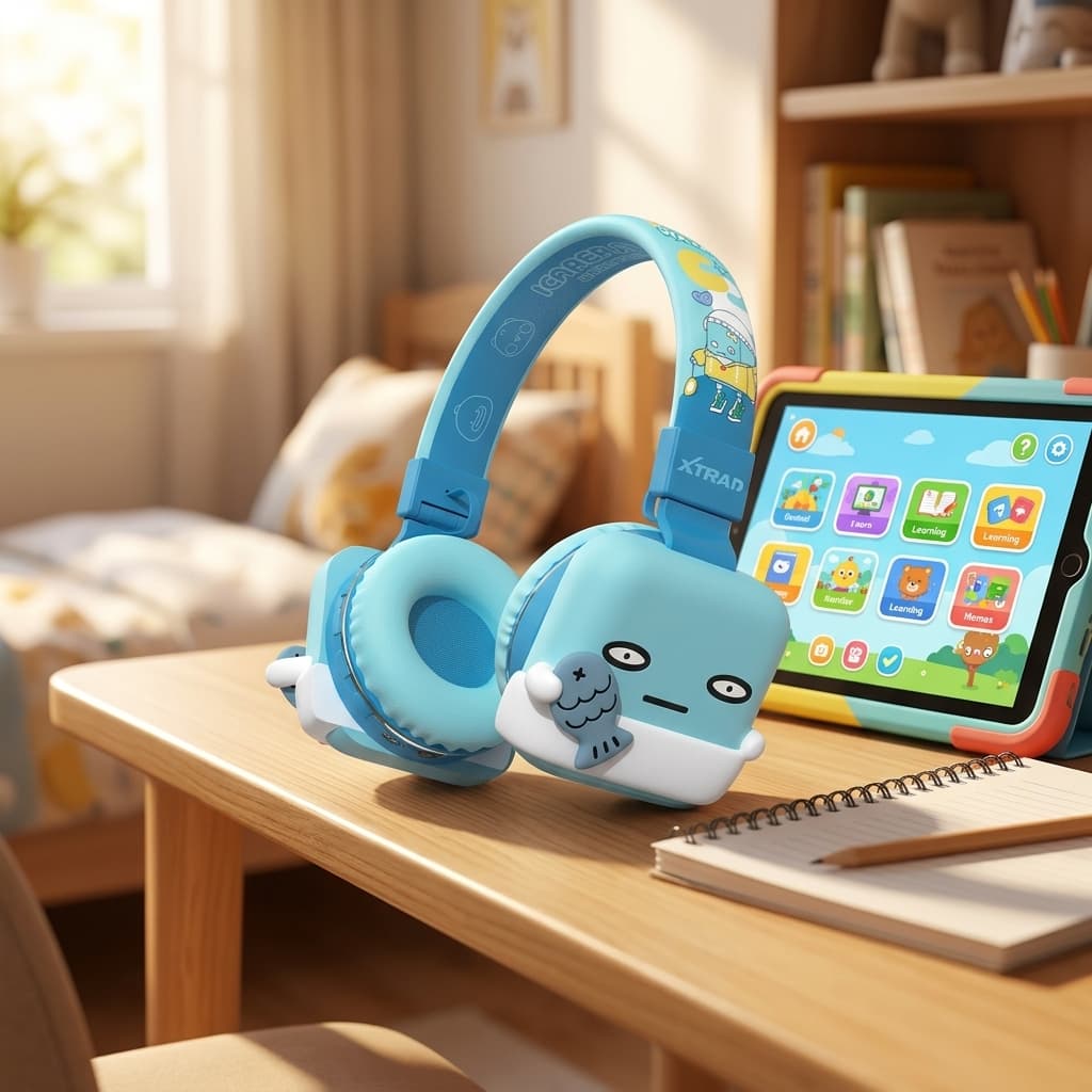 Fone de ouvido infantil Bluetooth Xtrad LC-896 na mesa de estudos com tablet