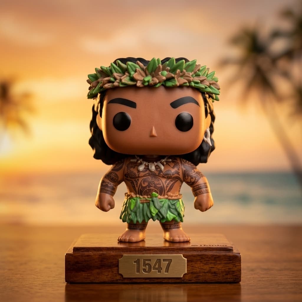 Boneco colecionável Maui Moana 2 fora da caixa em base de madeira com detalhes de tatuagens