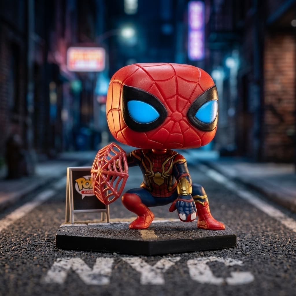 Boneco Funko Pop Spider-Man New Home 805 agachado com teia escudo em display urbano