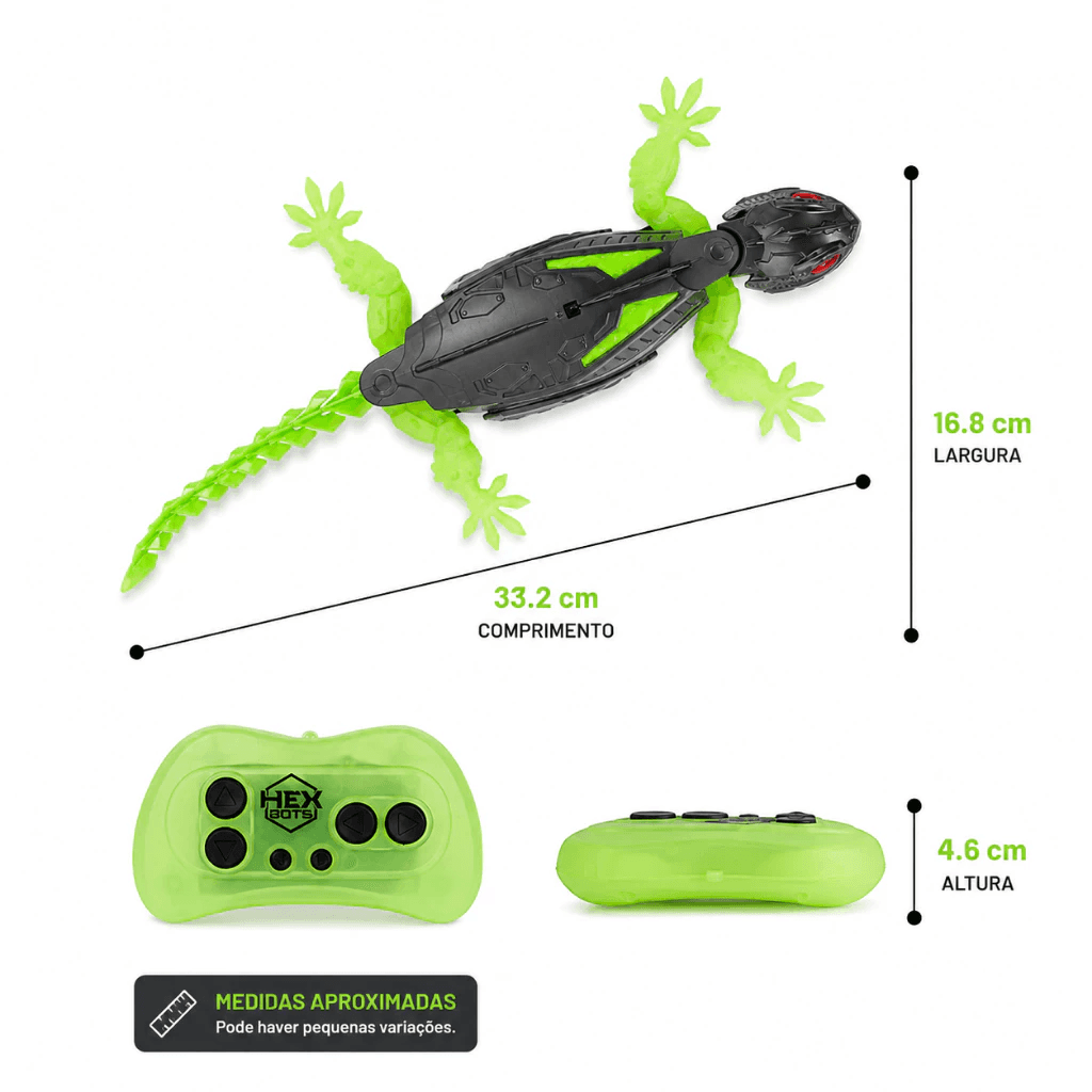 Dimensões do Lagarto Robô Escalador de Parede e Controle Remoto