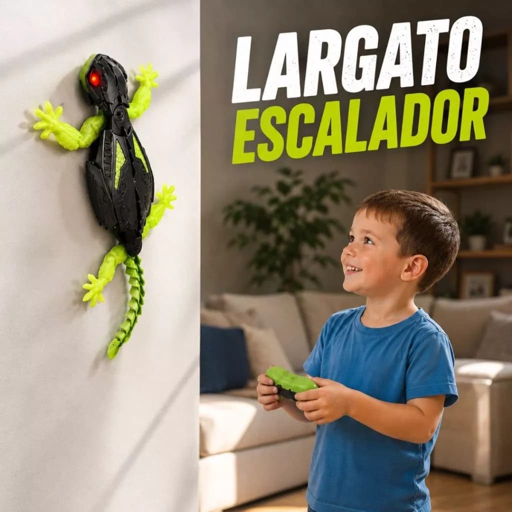 Criança brincando com Lagarto Robô Escalador Neon na Parede