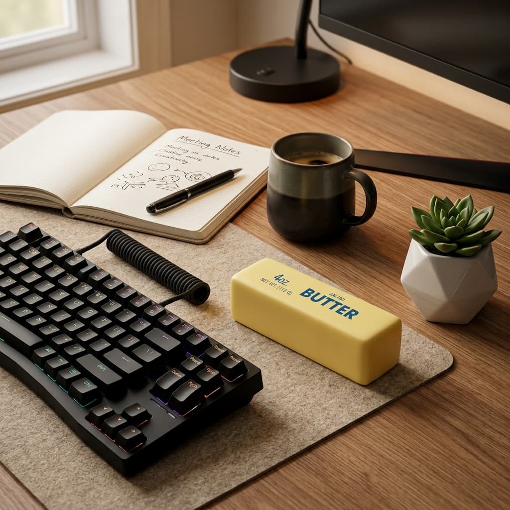 Barra de manteiga antiestresse no setup de mesa e trabalho